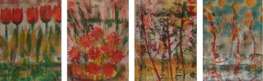 Jahreszeiten, Batik/Druck auf Leinenstruktur, Größe jeweils 30x40 cm